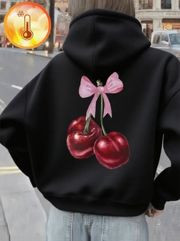 Pembe Yay Kırmızı Kiraz Baskı Kapüşonlular Kadın Rahat Gevşek Tişörtü Kış Polar Sıcak Kazak T