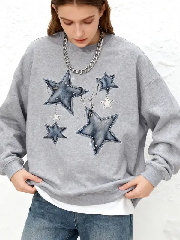 Pentagram ve Zincir Desenli Baskılı Kadın Kapüşonluları Sonbahar Koşu Tişörtü Günlük Büyük Be