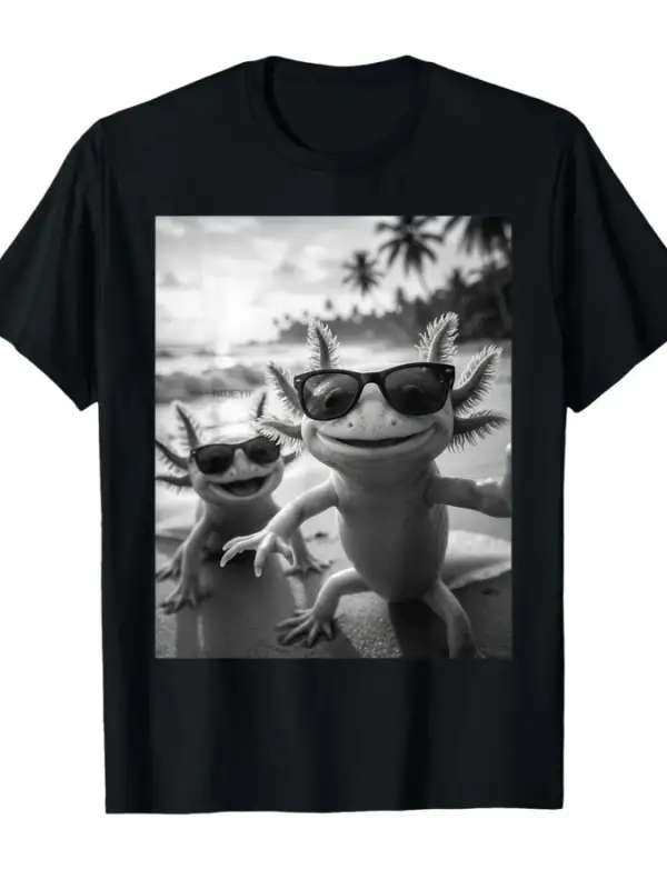 Plajda Havalı Axolotl Selfie, Erkekler Kadınlar İçin Sevimli Axolotls Tişört %100 Pamuklu Tiş