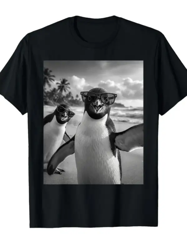 Plajda Havalı Penguen Selfie, Erkekler Kadınlar İçin Sevimli Tişört %100 Pamuklu Tişörtler Kı