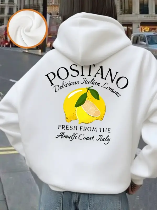 Positano Taze Limon Baskı Kapüşonlular Kadın Kış Polar Sıcak Kazaklar Temel Cep Tişörtü Rahat