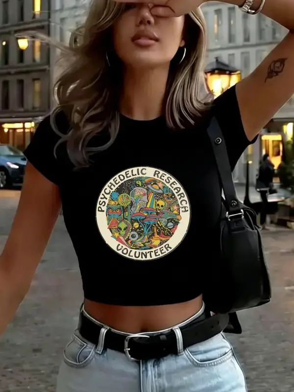 Psychedelic Araştırma Gönüllü Baskılar Kadın Babby Tees Yaz İnce O-Yaka Tişörtler Yumuşak Kısa