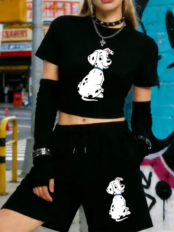 Rahat Dalmaçyalı Köpek Baskılı Babby Tees Şort Kadın İki Parçalı Set Beş Nokta Pantolon Yumuşa