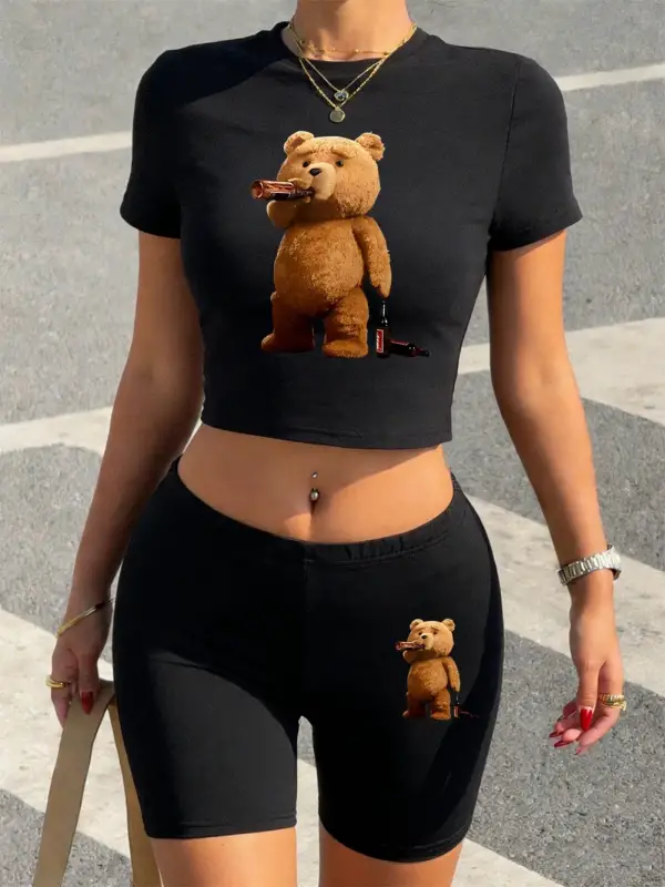 Rahat Melankolik Ayı Baskılı Babby Teelar Şortlar Kadın İki Parçalı Set Tişörtler Yumuşak İnce