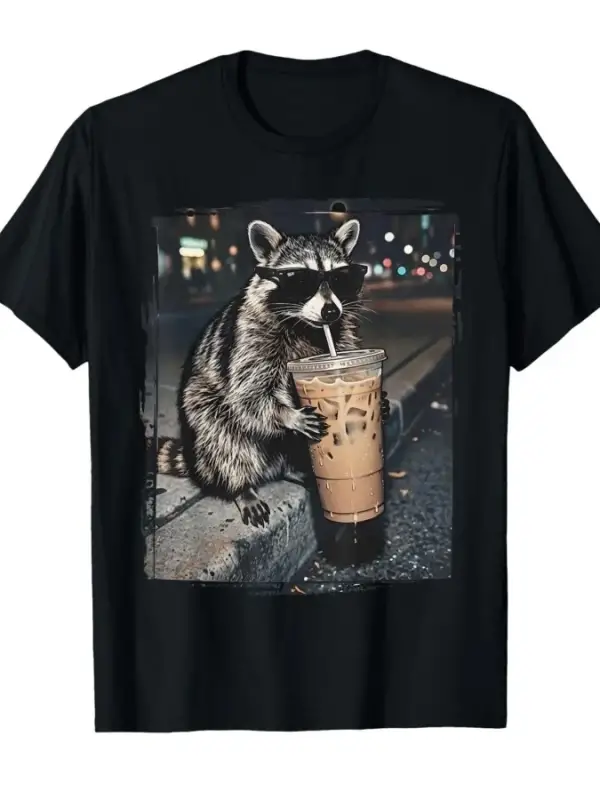 Rakun Buzlu Kahve İçiyor Komik Hayvan Meme T-shirt Erkekler Kadınlar Için % 100% Pamuk T Shir