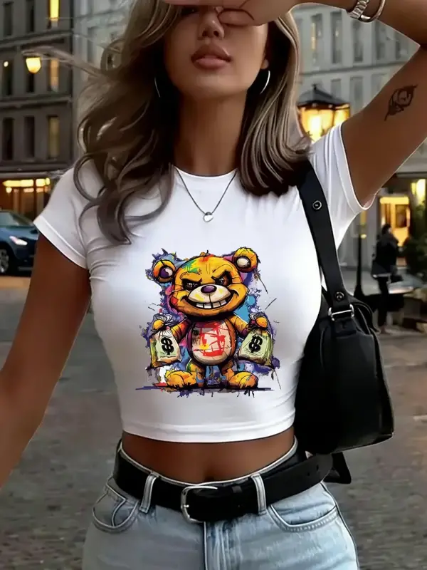 Renkli Ayı Para Çantası Tutan Baskılar Kadın Kırpma Tişörtleri Yaz O-Boyun Üstleri Yüksek Ela