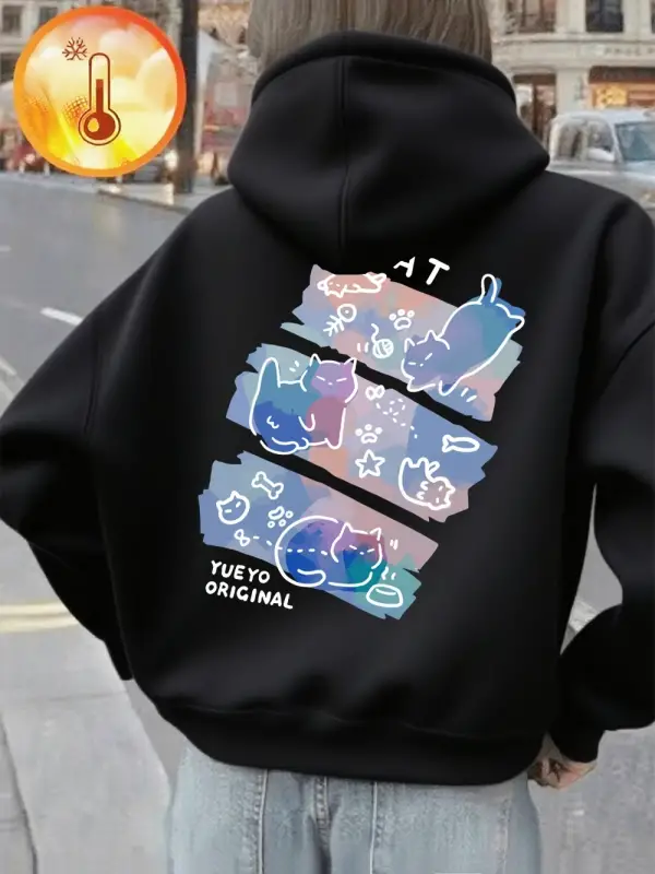 Renkli Üç Kedi Trendy Baskılar Kapüşonlular Kadın Rahat Gevşek Kazak Kış Polar Sıcak Kazak Te