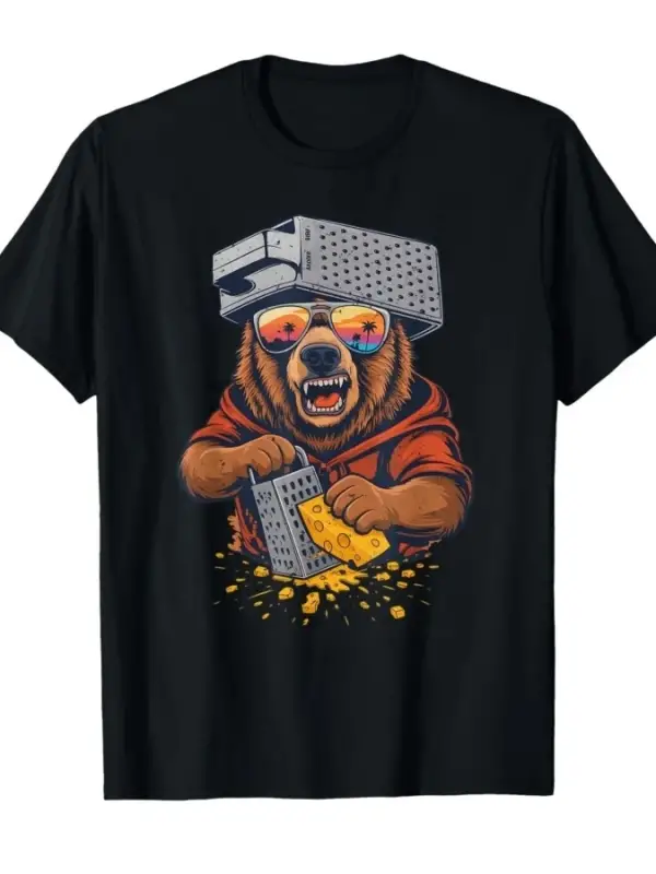 Retro Peynir Rendesi Şapkalı ve Güneş Gözlüklü Ayı Vintage Tişört Erkek Kadın %100 Pamuk Tişö