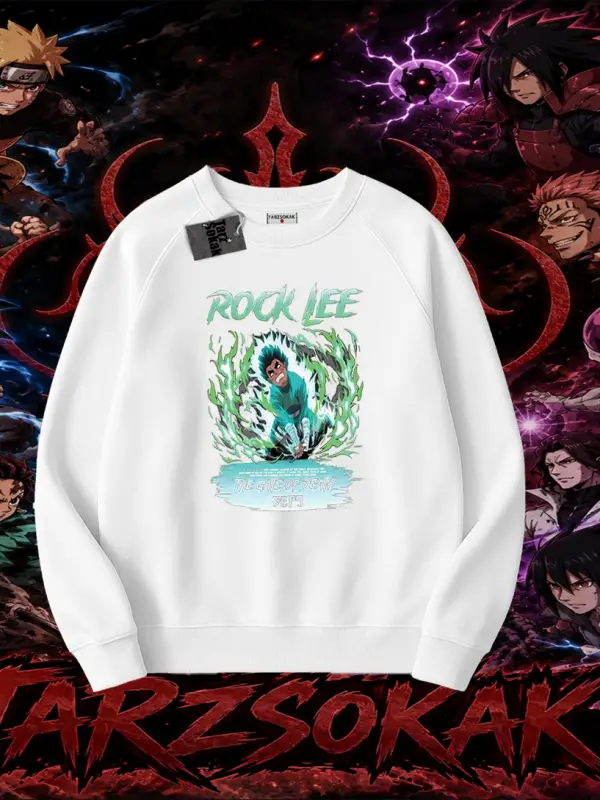 Rock Lee Naruto Anime Karakter Oversize Unisex Bisiklet Yaka Sweatshirt Beyaz