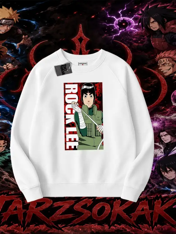 Rock Lee Naruto Anime Karakter Oversize Unisex Bisiklet Yaka Sweatshirt Beyaz