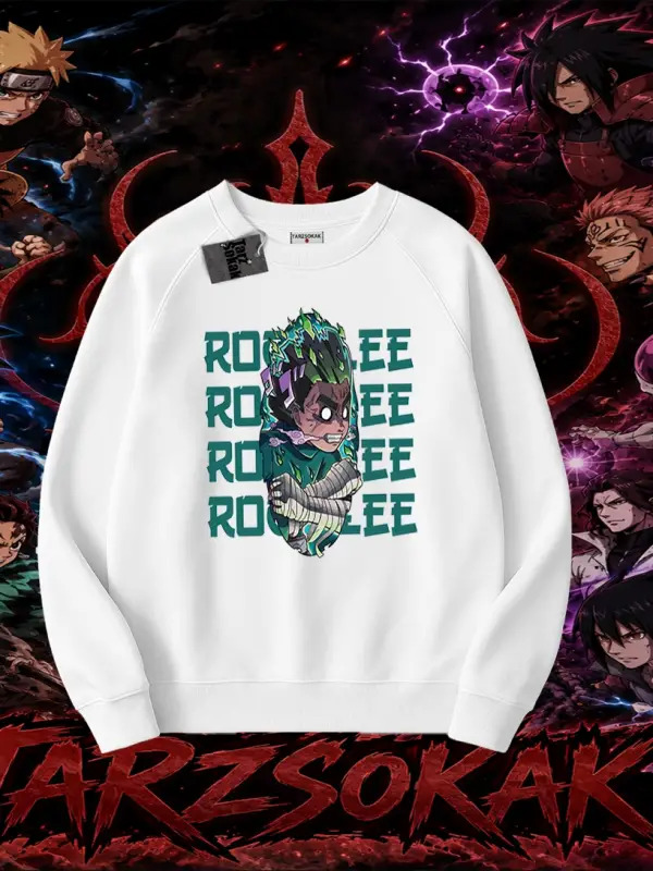 Rock Lee Naruto Anime Karakter Oversize Unisex Bisiklet Yaka Sweatshirt Beyaz
