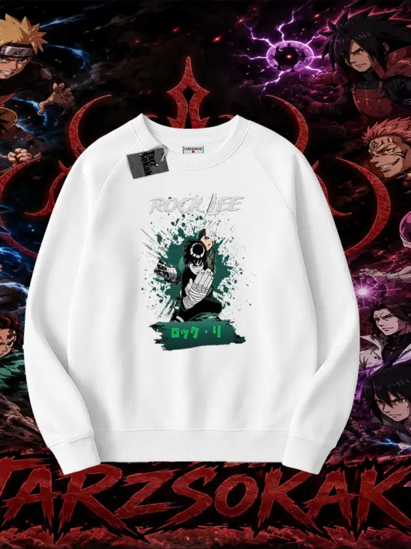 Rock Lee Naruto Anime Karakter Oversize Unisex Bisiklet Yaka Sweatshirt Beyaz