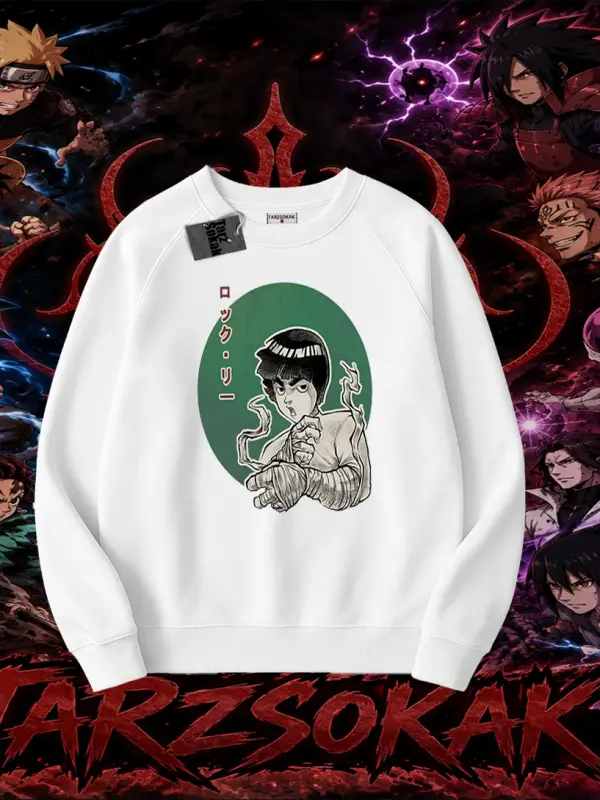 Rock Lee Naruto Anime Karakter Oversize Unisex Bisiklet Yaka Sweatshirt Beyaz