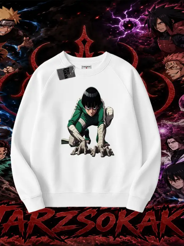 Rock Lee Naruto Anime Karakter Oversize Unisex Bisiklet Yaka Sweatshirt Beyaz