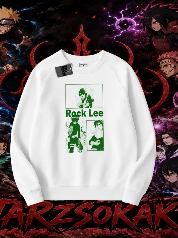 Rock Lee Naruto Anime Karakter Oversize Unisex Bisiklet Yaka Sweatshirt Beyaz