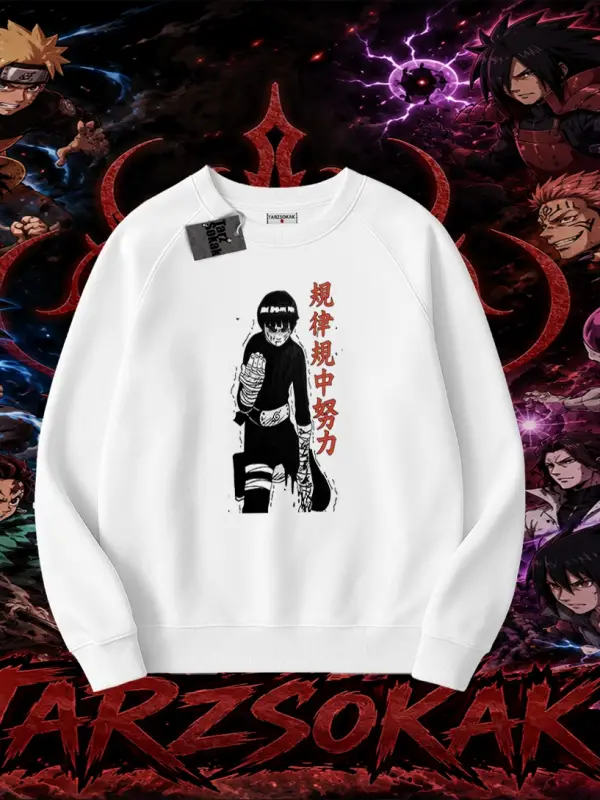 Rock Lee Naruto Anime Karakter Oversize Unisex Bisiklet Yaka Sweatshirt Beyaz