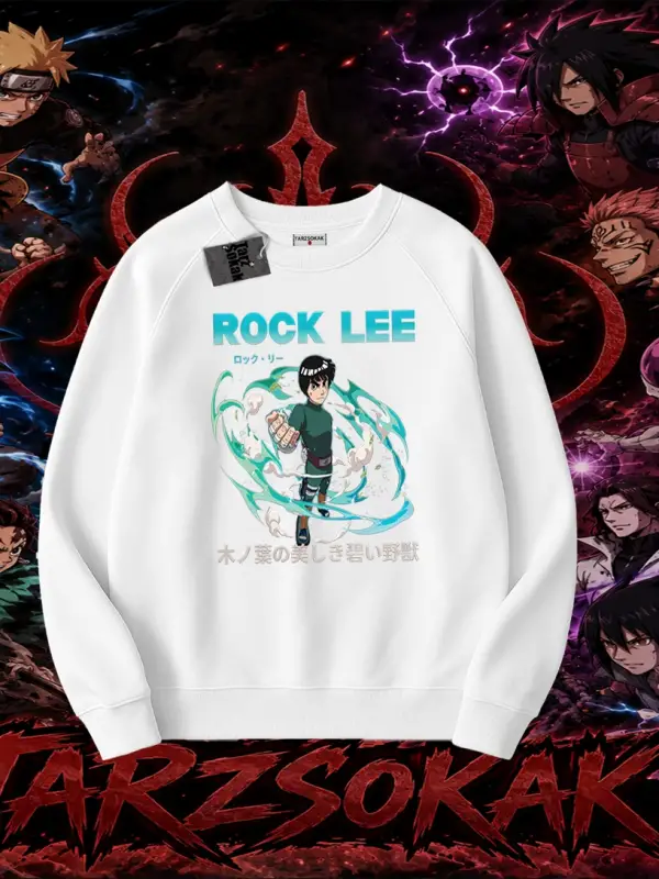 Rock Lee Naruto Anime Karakter Oversize Unisex Bisiklet Yaka Sweatshirt Beyaz