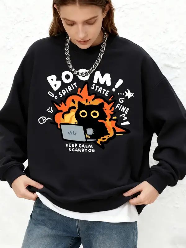 Sakin olun devam edin kedi baskı tişörtü bayan sonbahar büyük boy Jogger kapüşonlular temel u