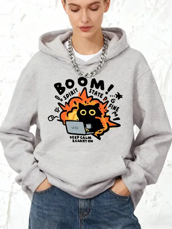 Sakin Olun Devam Edin Kedi Baskılı Pamuklu Kapüşonlu Üstler Kadınlar İçin Cepli Jogging Sweat