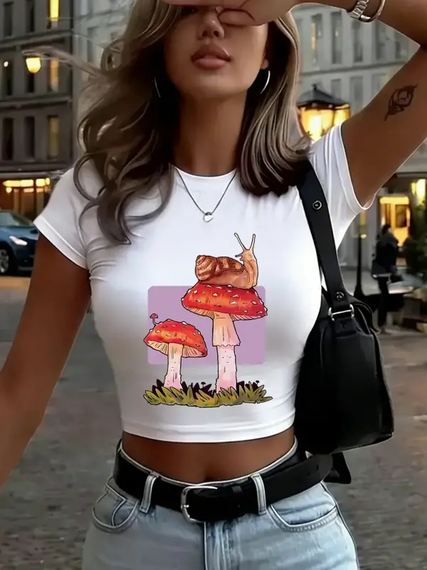 Salyangoz Mantar Baskı Bayan Babby TeeT-Shirt Yaz Yumuşak Yüksek Elastik Üstler O-Boyun Kısa Koll