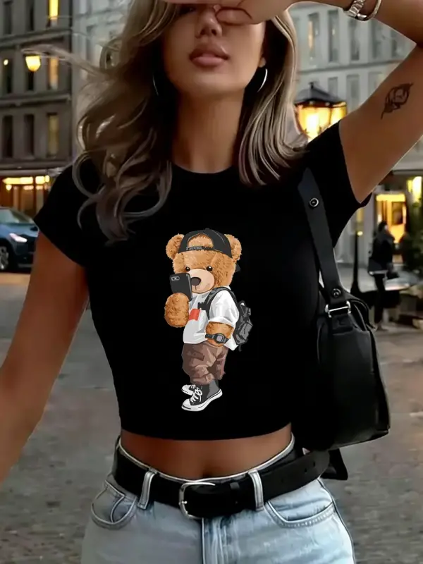 Şapkalı Havalı Ayı Selfie Baskılı Kadın Babby TeeTişörtleri Yazlık Yumuşak Yüksek Esnek Üstler Yu