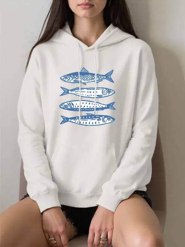 Sardalya Mavi Baskı Hoodies Kadın Rahat Gevşek Kazak Rahat Cep Kazak Sonbahar Kış Polar Sıcak