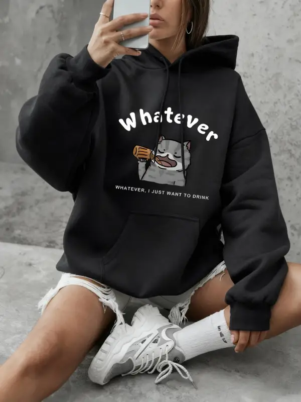 Sarhoş Kedi Karikatür Baskılı Kadın Kışlık Polar Sıcak Sweatshirtler Basic Yuvarlak Yaka Kaza