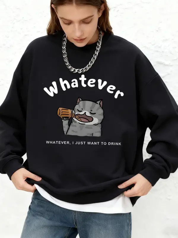 Sarhoş Kedi Karikatür Baskılı Tişörtü Bayan Sonbahar Sıcak Uzun Kollu Kapüşonlular Jogger O-B