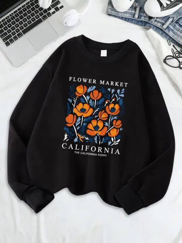 Sarı Çiçekler Pazarı California Baskılar Tişörtü Kadın Gevşek Sportif Hoodie Polar Sıcak sıfı