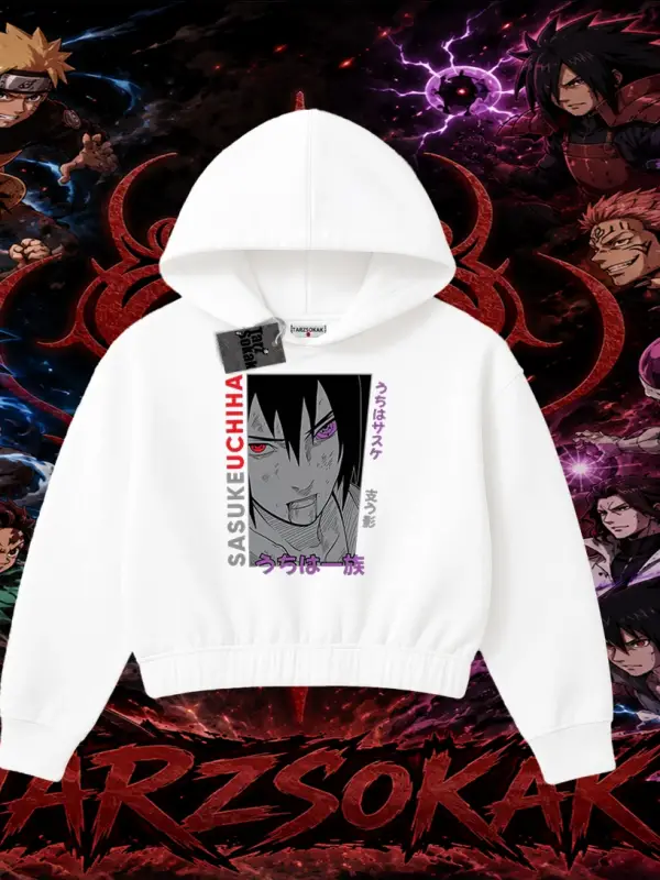 Sasuke uchiha Naruto Anime Karakter Kadın Crop Kapşonlu Sweatshirt Beyaz