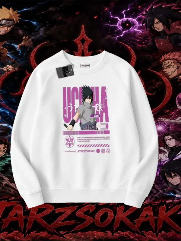 Sasuke uchiha Naruto Anime Karakter Oversize Unisex Bisiklet Yaka Sweatshirt Beyaz
