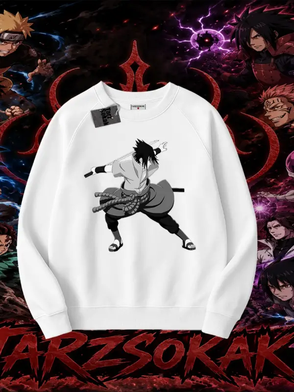 Sasuke uchiha Naruto Anime Karakter Oversize Unisex Bisiklet Yaka Sweatshirt Beyaz