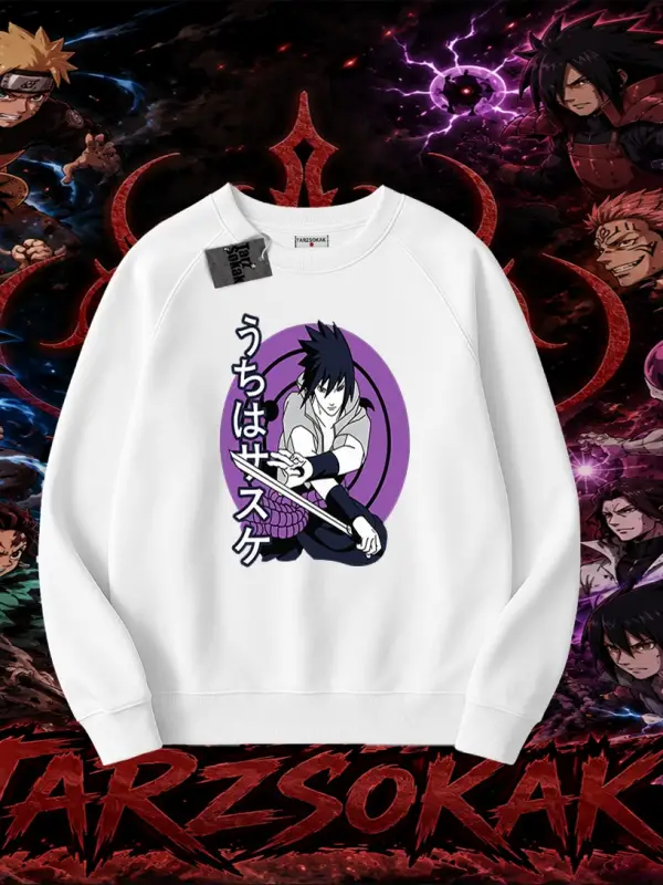 Sasuke uchiha Naruto Anime Karakter Oversize Unisex Bisiklet Yaka Sweatshirt Beyaz