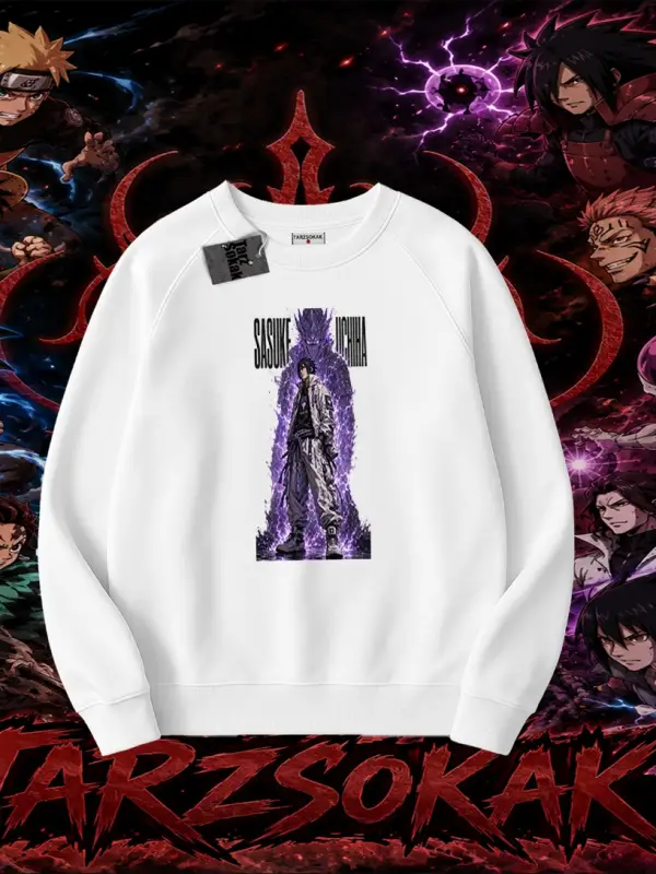 Sasuke uchiha Naruto Anime Karakter Oversize Unisex Bisiklet Yaka Sweatshirt Beyaz