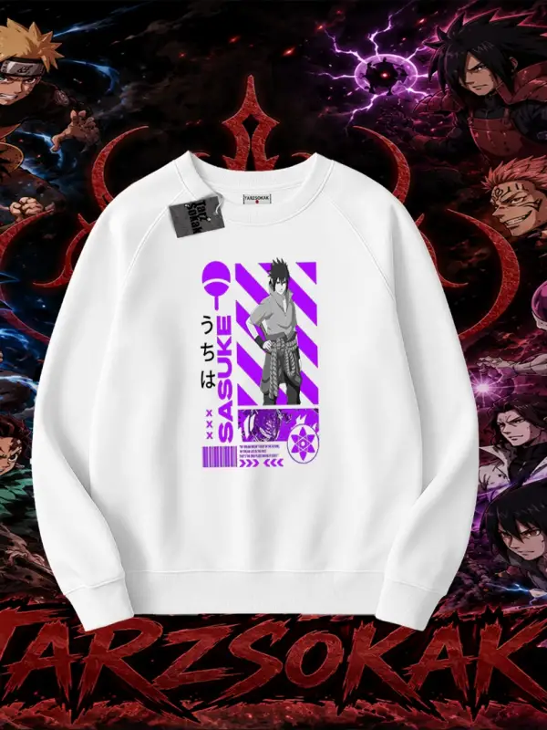 Sasuke uchiha Naruto Anime Karakter Oversize Unisex Bisiklet Yaka Sweatshirt Beyaz