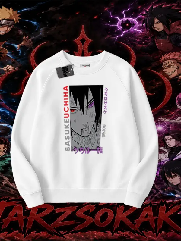 Sasuke uchiha Naruto Anime Karakter Oversize Unisex Bisiklet Yaka Sweatshirt Beyaz