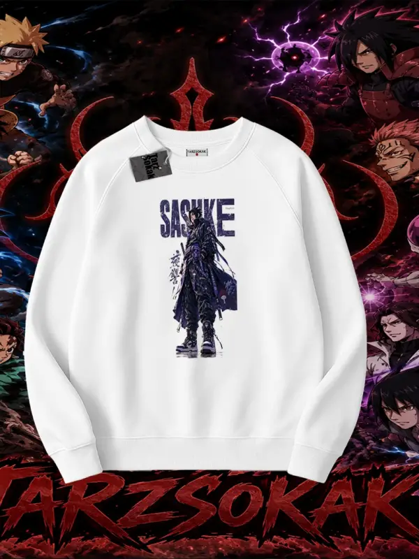 Sasuke uchiha Naruto Anime Karakter Oversize Unisex Bisiklet Yaka Sweatshirt Beyaz