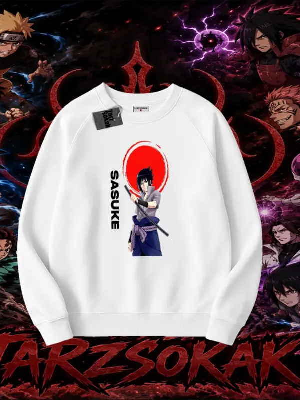 Sasuke uchiha Naruto Anime Karakter Oversize Unisex Bisiklet Yaka Sweatshirt Beyaz