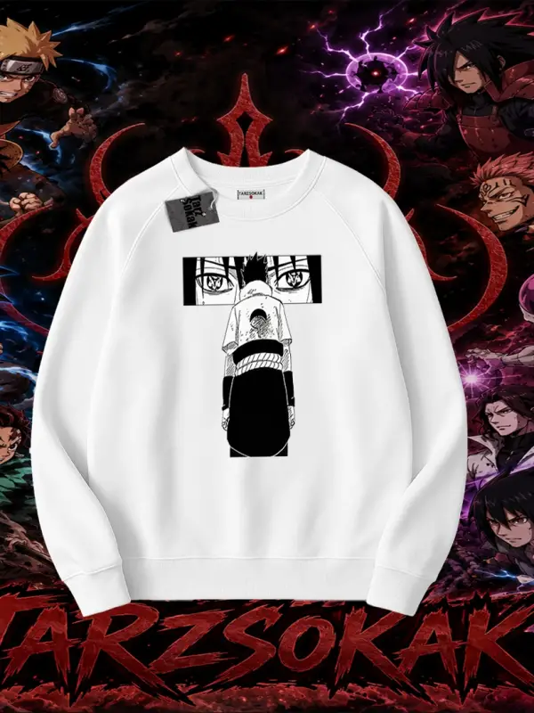 Sasuke uchiha Naruto Anime Karakter Oversize Unisex Bisiklet Yaka Sweatshirt Beyaz