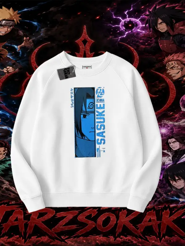 Sasuke uchiha Naruto Anime Karakter Oversize Unisex Bisiklet Yaka Sweatshirt Beyaz
