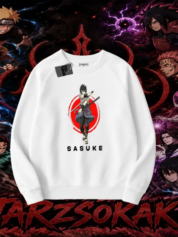 Sasuke uchiha Naruto Anime Karakter Oversize Unisex Bisiklet Yaka Sweatshirt Beyaz