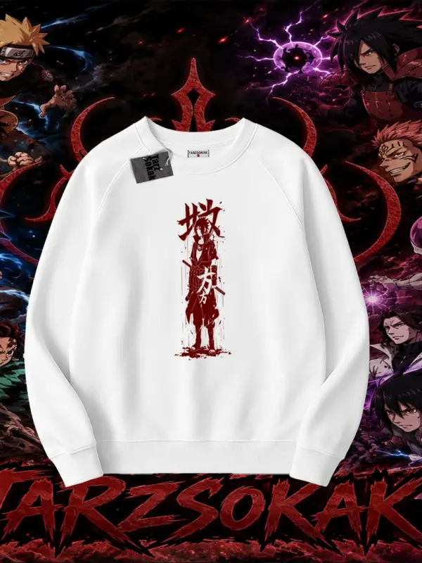 Sasuke uchiha Naruto Anime Karakter Oversize Unisex Bisiklet Yaka Sweatshirt Beyaz
