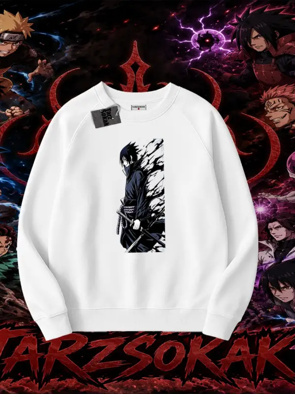 Sasuke uchiha Naruto Anime Karakter Oversize Unisex Bisiklet Yaka Sweatshirt Beyaz