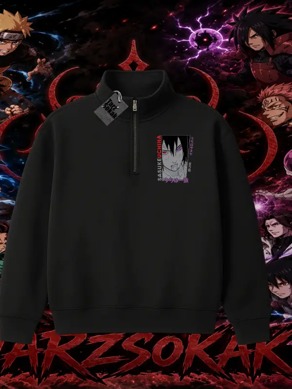 Sasuke uchiha Naruto Anime Karakter Unisex Polo Yaka Yarım Fermuarlı Sweatshirt Beyaz