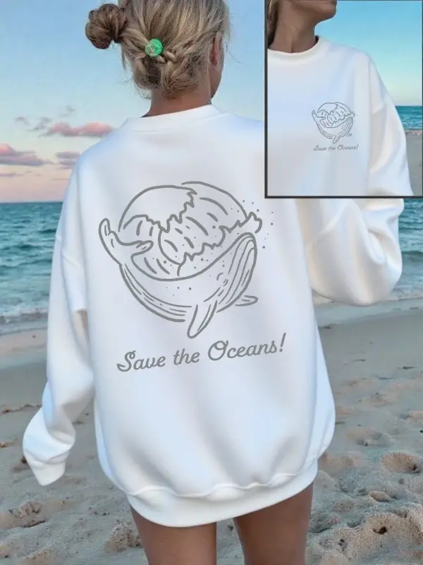 Save The Oceans Balina Baskılı Sweatshirt Kadın Polar Sıcak Kışlık Kapüşonlu Üstler Bol Rahat