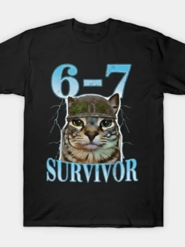 Saying 67 Cats Tummy Ache Survivor Cat Six Seven Erkek Kadın Tişörtü %100 Pamuklu Tişörtler K