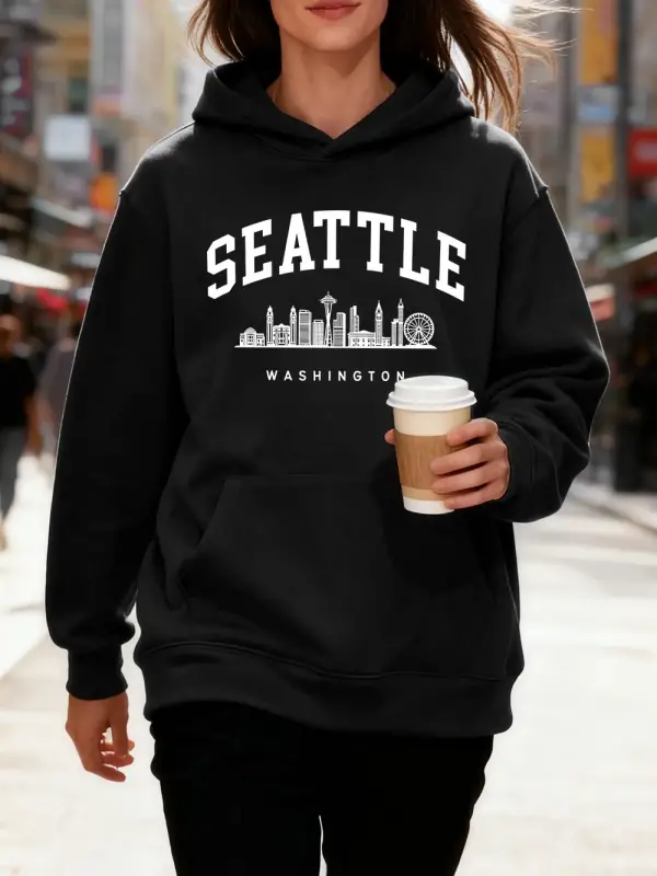 Seattle Washington Mektup Baskılı Kapüşonlular Pamuklu Kadın Sportif Bol Kazaklar Kışlık Pola