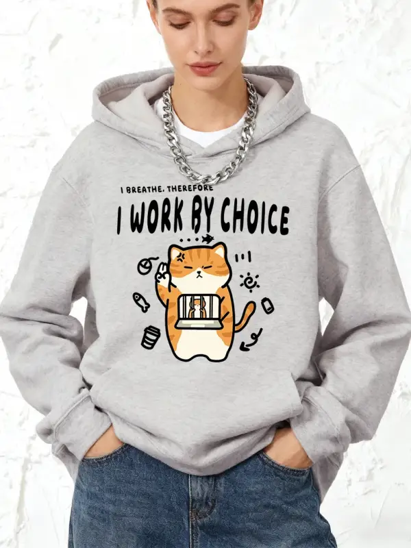 Seçim Yoluyla Çalışıyorum Kedi Baskılı Kapüşonlu Üstler Pamuklu Kadın Koşu Cep Detaylı Kazak