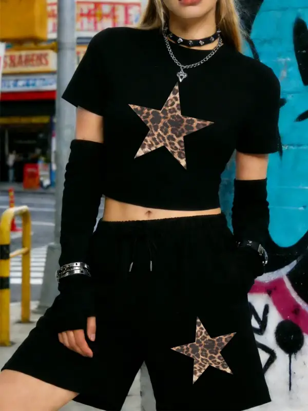Seksi Leopar Yıldız Desenli Baskılı Babby TeeT-Shirt Şort Kadın İki Parçalı Set Diz Boyu Pantolon