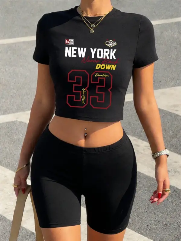 Seksi New York Never Back Down 33 Baskılı Babby TeeT-Shirt Şort Kadın İki Parçalı Takım Üst Panto
